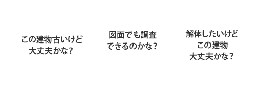 この建物古いけど大丈夫かな？ 図面でも調査できるのかな？ 解体したいけどこの建物大丈夫かな？